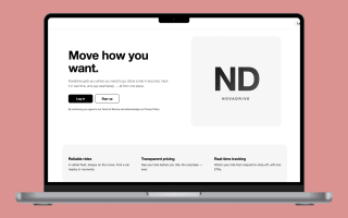 NovaDrive ride-booking app landing page on a laptop, showing the hero section and key feature cards