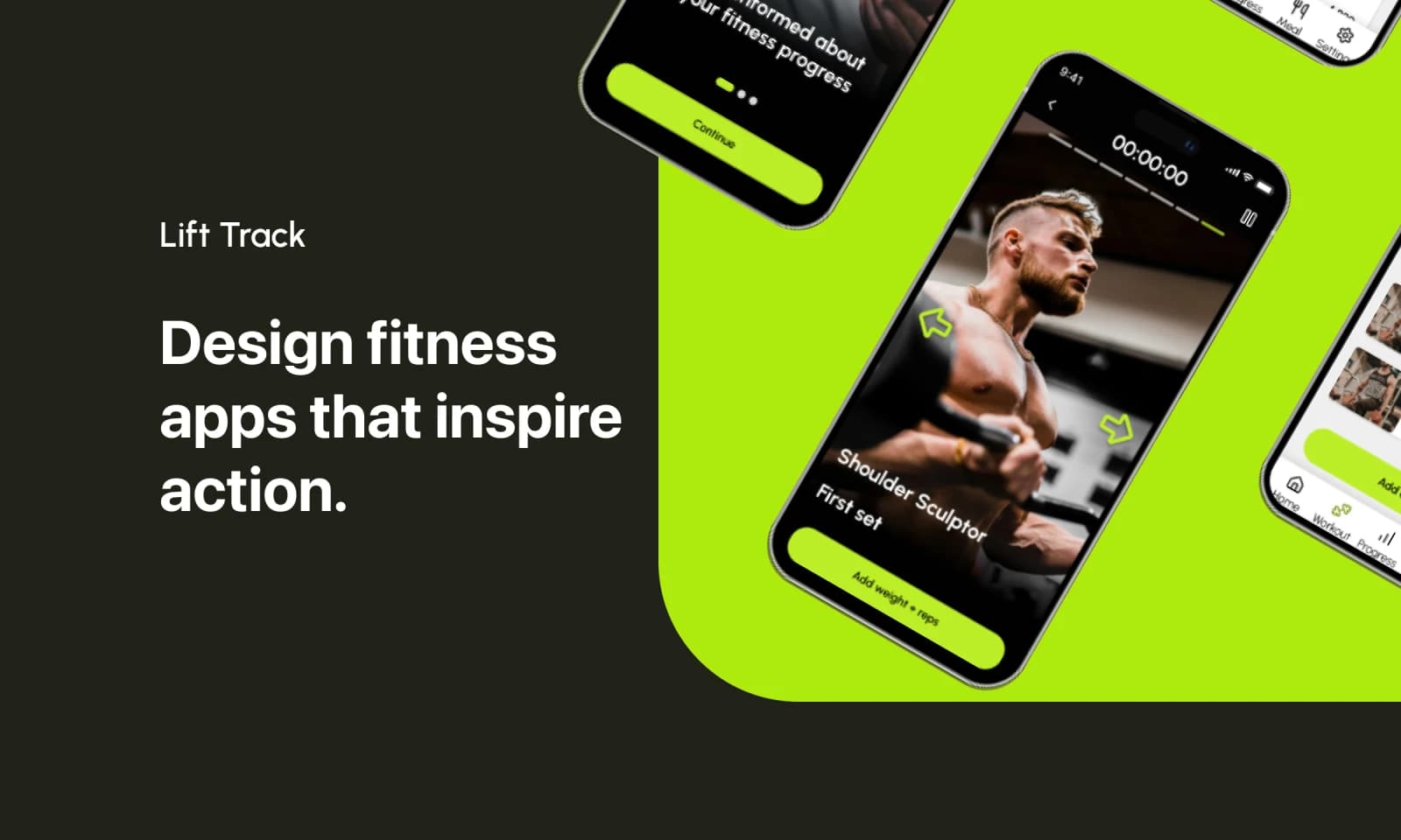 Lift Track fitness app UI kit mockup displayed on multiple iPhones with workout tracking screens — designed by Abdullah Al-Marweai