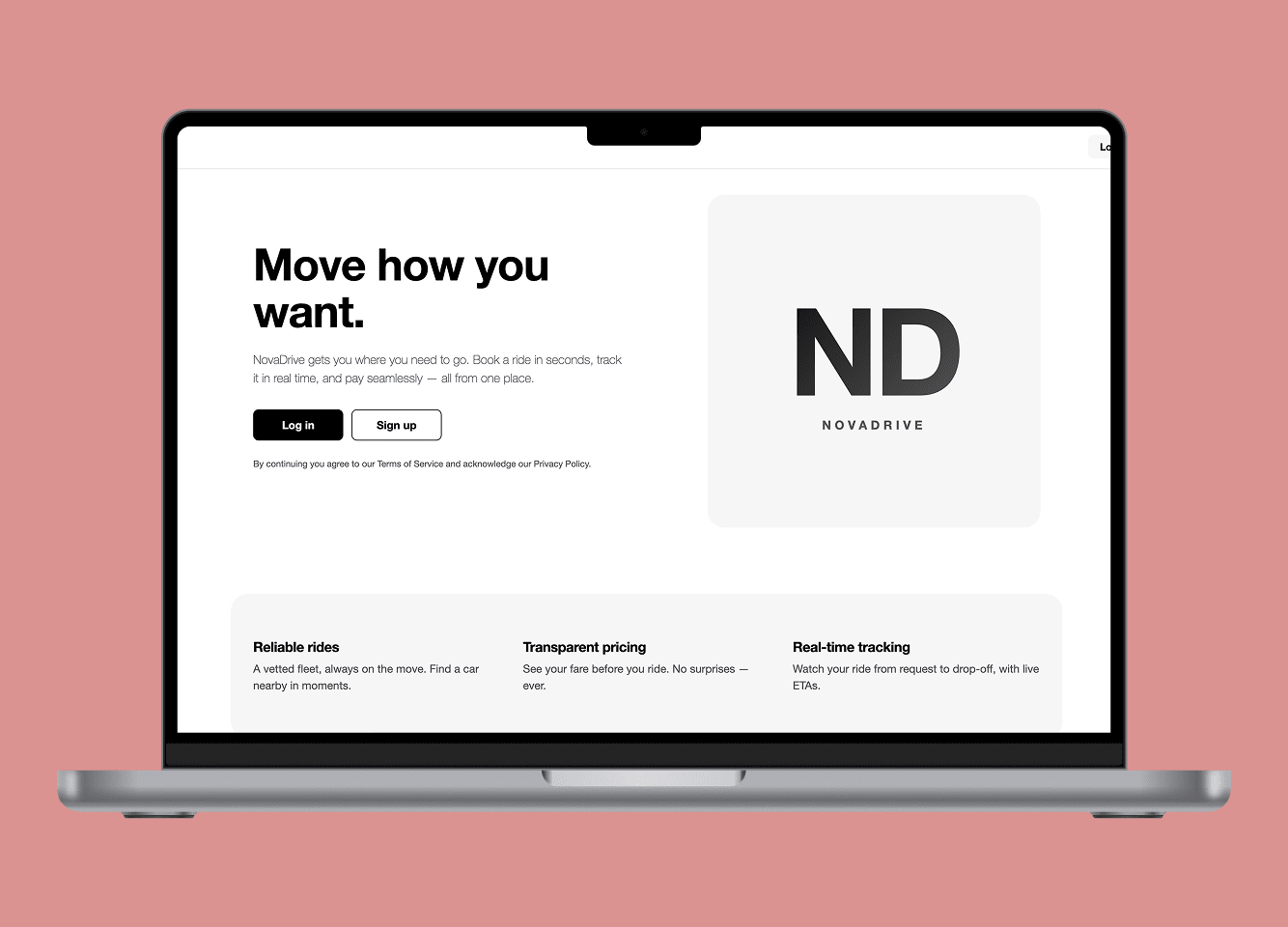 NovaDrive ride-booking app landing page on a laptop, showing the hero section and key feature cards